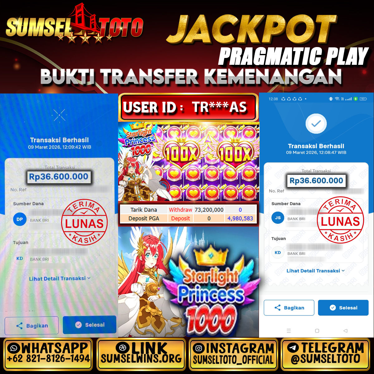 SUMSELTOTO JACKPOT STARLIGHT PRINCESS 1000 2 Rp.73,200,000.,- LUNAS